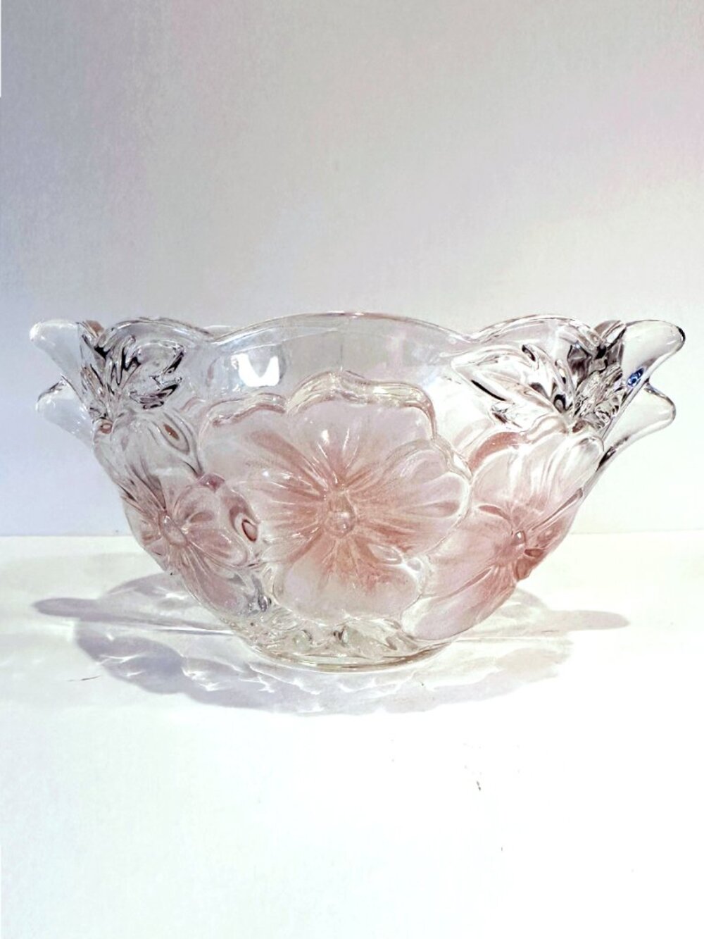 Mikasa STUDIO NOVA Frosted Pink Pansy Flower Pressed Glass Bowl with Handles